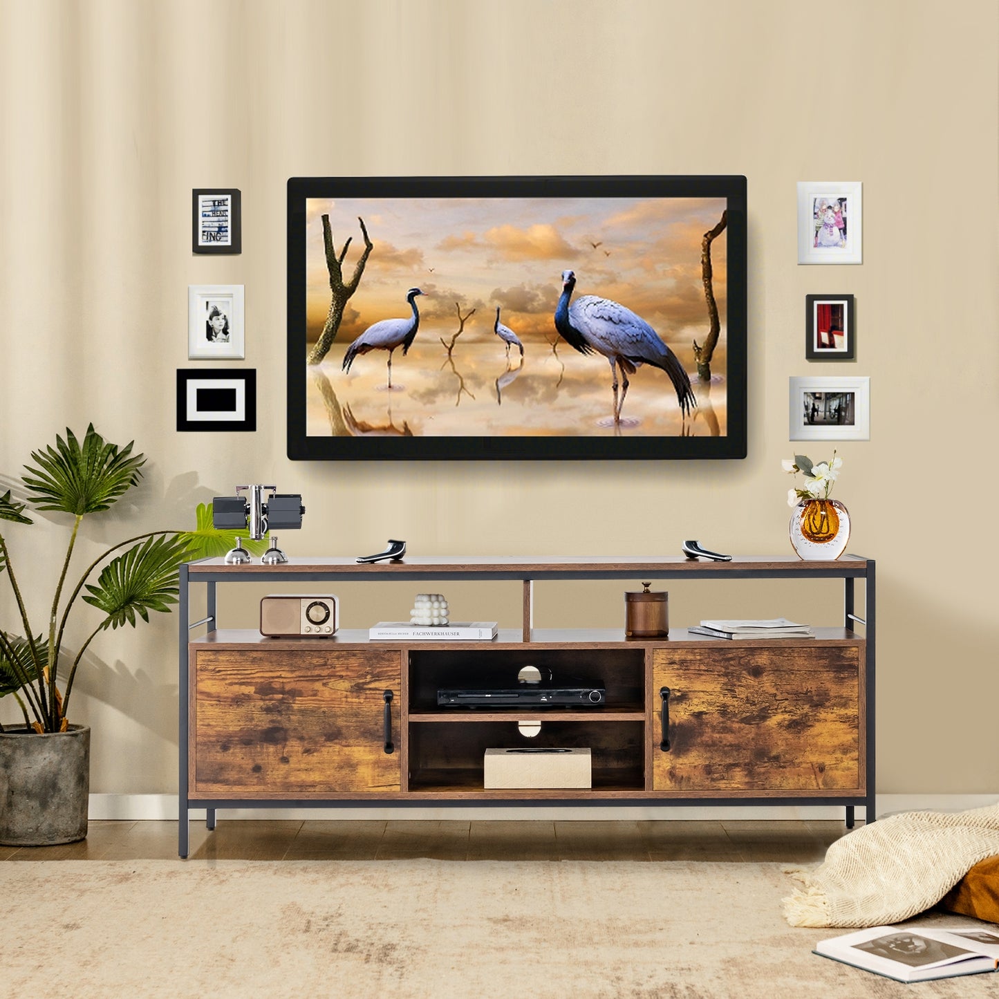 Rustic TV Stand with 2 Side Cabinets and Adjustable Center Shelf – 58 Inch for 65 Inch TVs