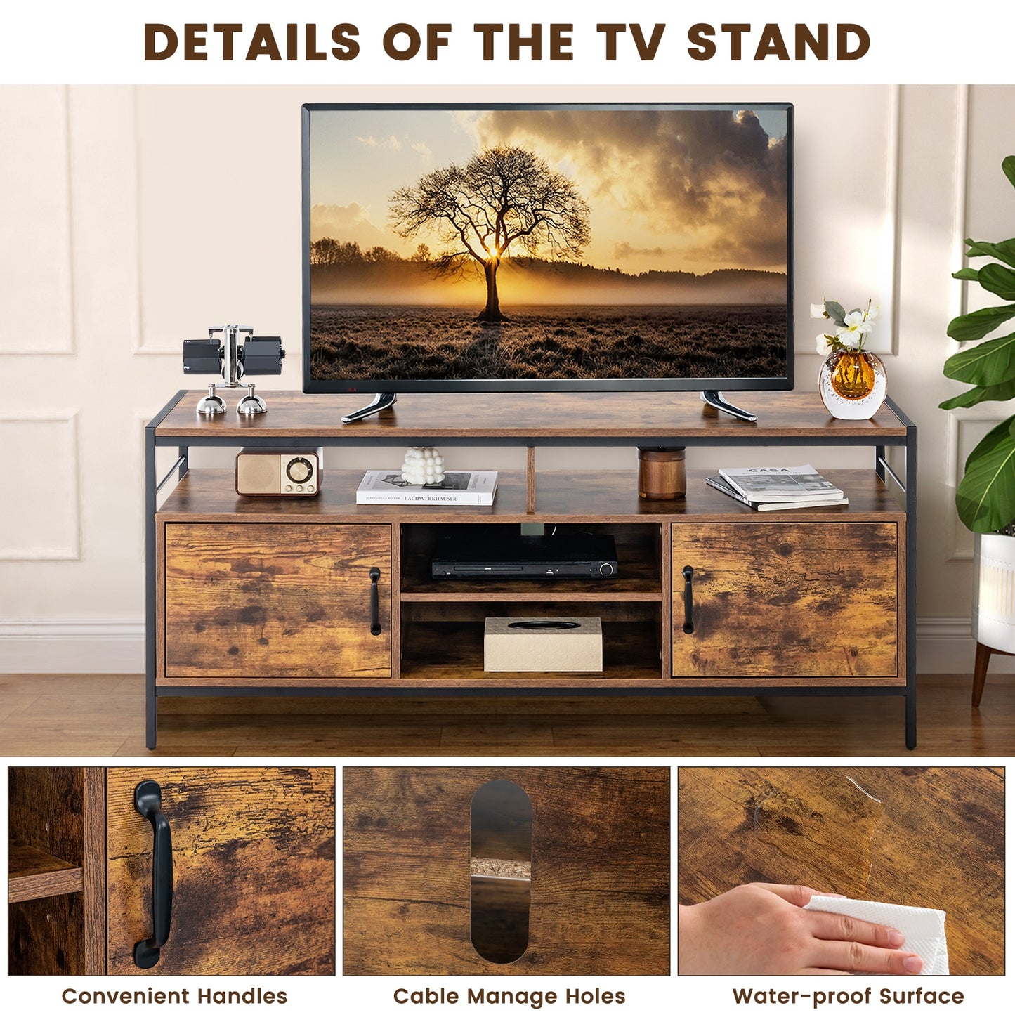 Rustic TV Stand with 2 Side Cabinets and Adjustable Center Shelf – 58 Inch for 65 Inch TVs