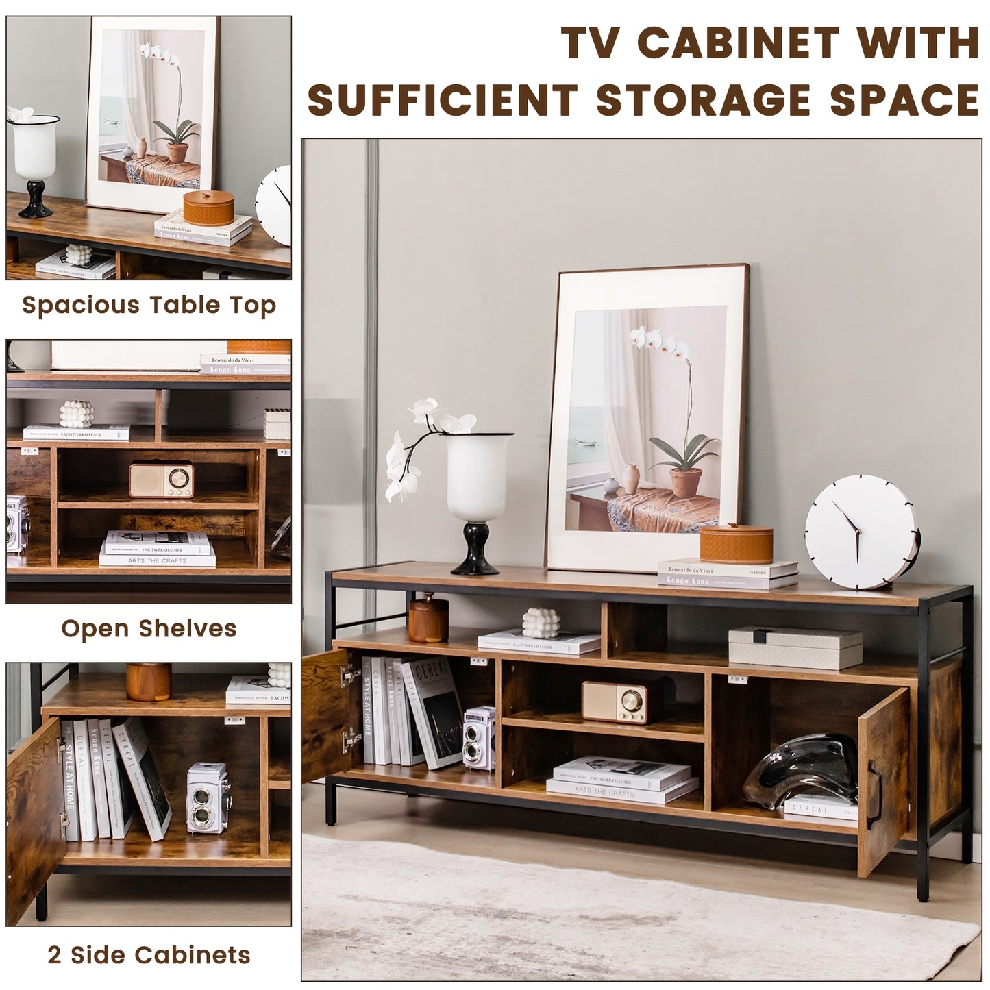 Rustic TV Stand with 2 Side Cabinets and Adjustable Center Shelf – 58 Inch for 65 Inch TVs