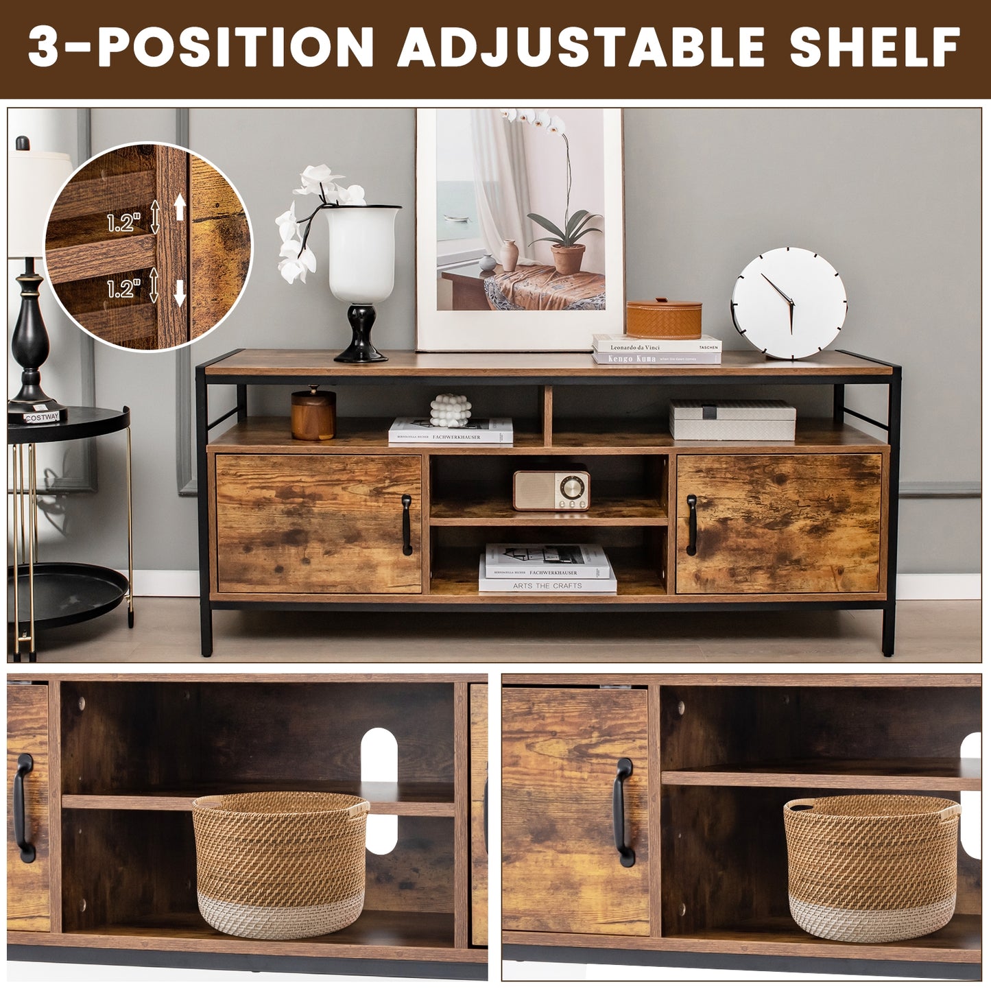 Rustic TV Stand with 2 Side Cabinets and Adjustable Center Shelf – 58 Inch for 65 Inch TVs