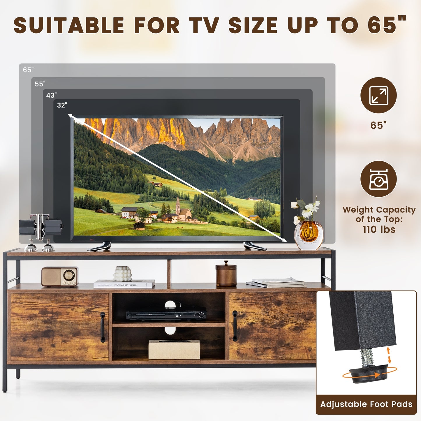 Rustic TV Stand with 2 Side Cabinets and Adjustable Center Shelf – 58 Inch for 65 Inch TVs