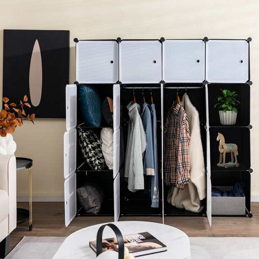 16-Cube Closet Organizer with Doors and Hanging Rods – Modular Storage for Clothes and Shoes