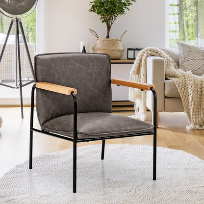Contemporary PU Leather Armchair with Wooden Armrests in Grey