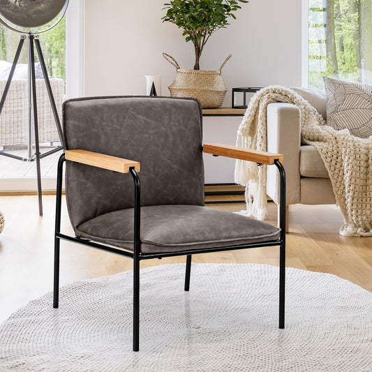 Contemporary PU Leather Armchair with Wooden Armrests in Grey