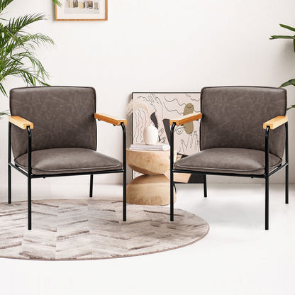 Contemporary PU Leather Armchair with Wooden Armrests in Grey