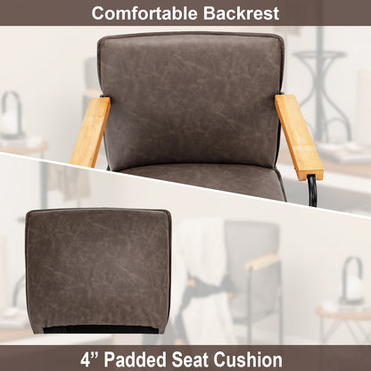 Contemporary PU Leather Armchair with Wooden Armrests in Grey