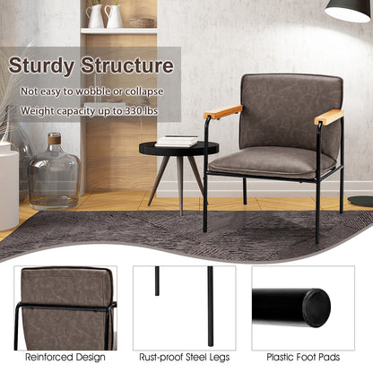 Contemporary PU Leather Armchair with Wooden Armrests in Grey