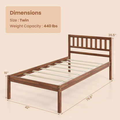 Solid Wood Bed Frame with Headboard and Slat Support – Twin Size