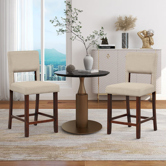 Set of 2 Bar Chairs with Hollowed Back and Solid Rubber Wood Legs, Beige