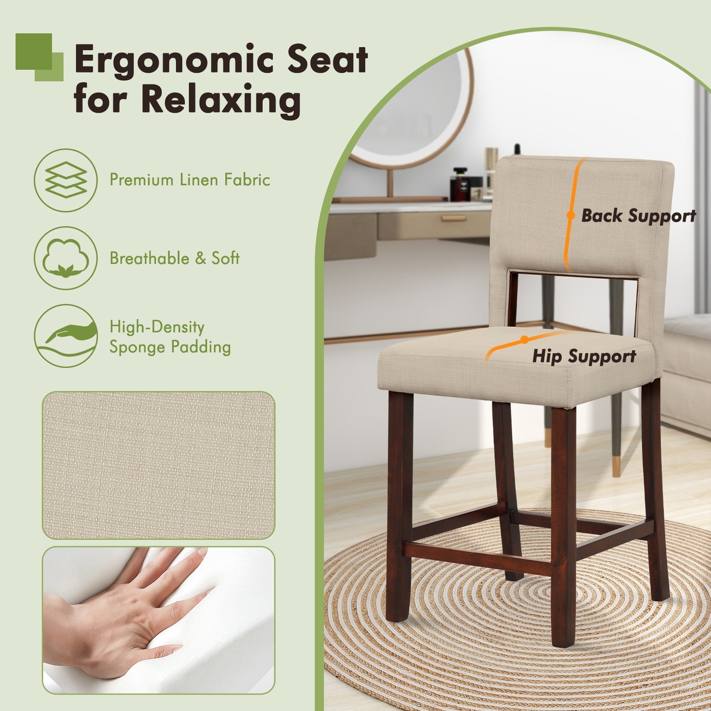 Set of 2 Bar Chairs with Hollowed Back and Solid Rubber Wood Legs, Beige