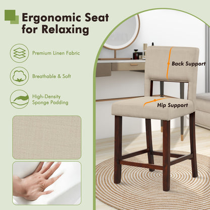 Set of 2 Bar Chairs with Hollowed Back and Solid Rubber Wood Legs, Beige