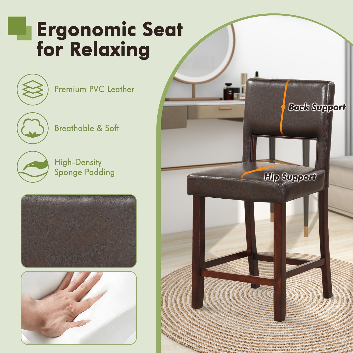 Set of 2 Bar Chairs with Hollowed Back and Solid Rubber Wood Legs, Brown