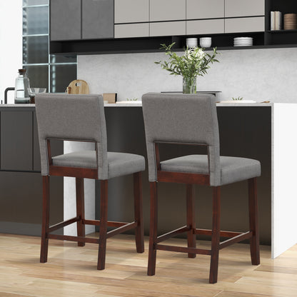 Set of 2 Bar Chairs with Hollowed Back and Solid Rubber Wood Legs, Grey