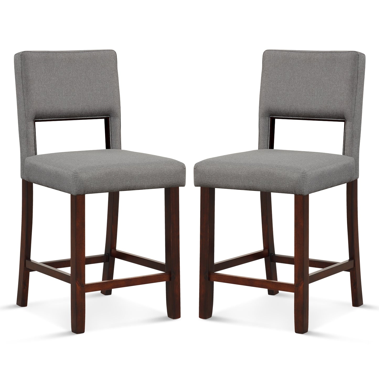 Set of 2 Bar Chairs with Hollowed Back and Solid Rubber Wood Legs, Grey