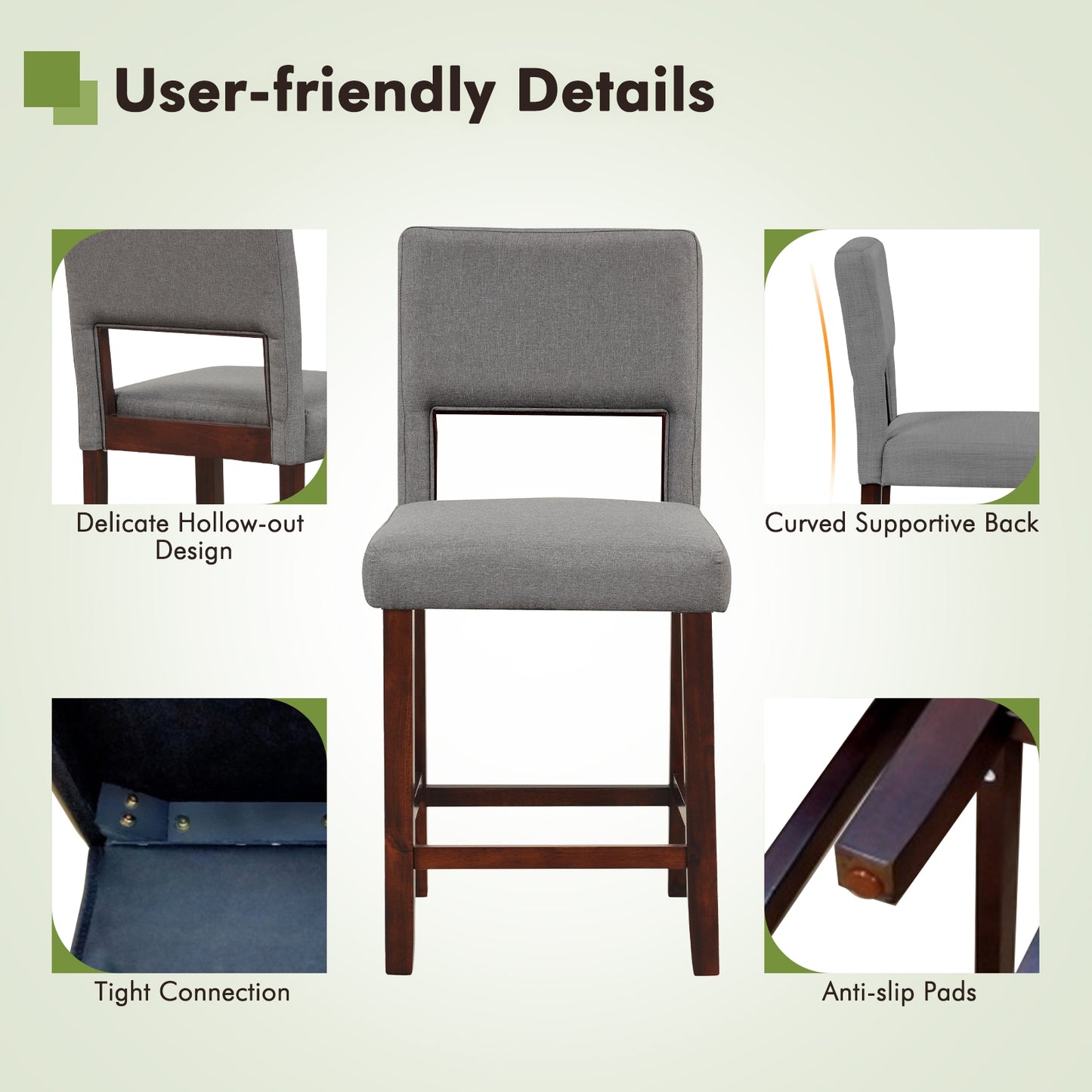 Set of 2 Bar Chairs with Hollowed Back and Solid Rubber Wood Legs, Grey