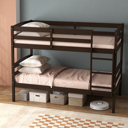 Durable Solid Wood Twin Over Twin Bunk Bed with High Guardrails & Ladder - Espresso