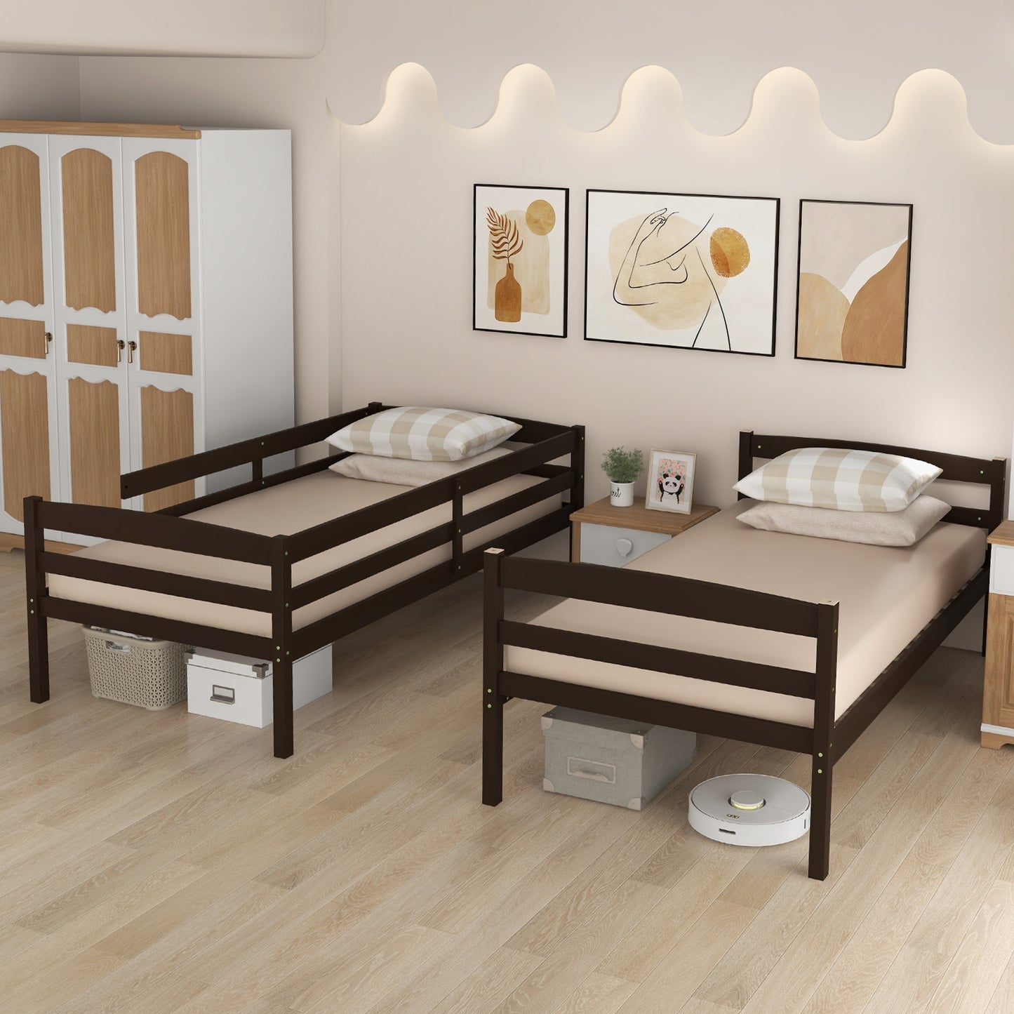 Durable Solid Wood Twin Over Twin Bunk Bed with High Guardrails & Ladder - Espresso