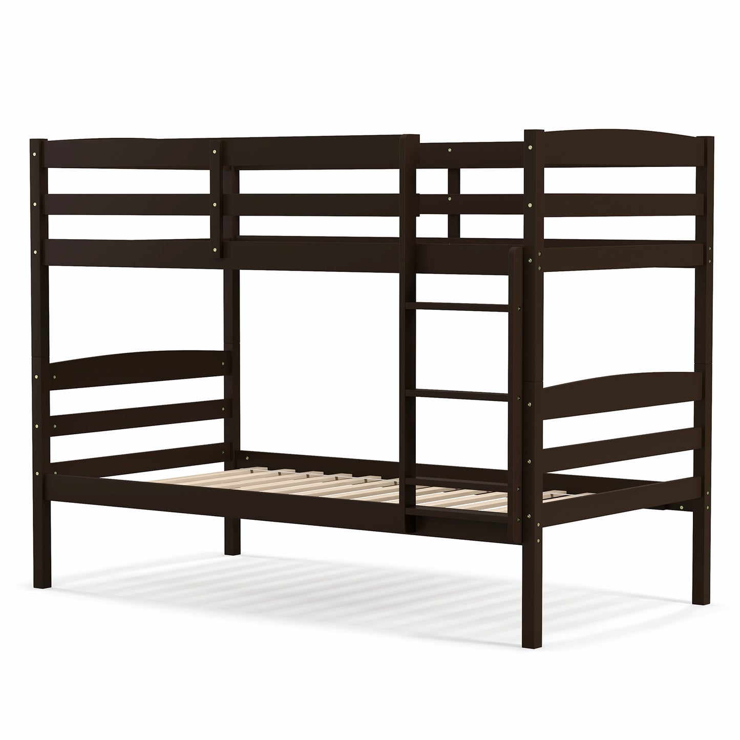 Durable Solid Wood Twin Over Twin Bunk Bed with High Guardrails & Ladder - Espresso