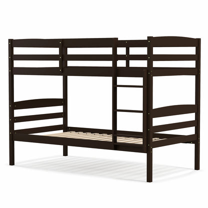 Durable Solid Wood Twin Over Twin Bunk Bed with High Guardrails & Ladder - Espresso