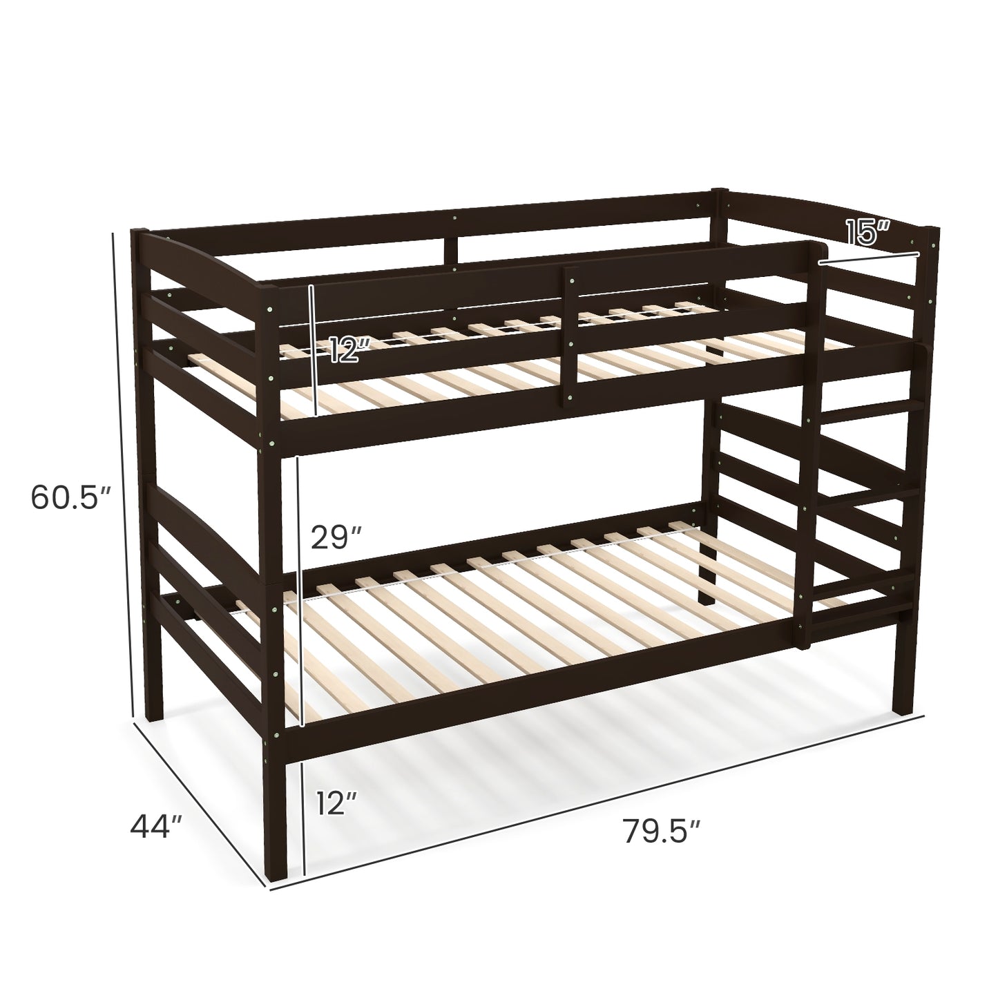 Durable Solid Wood Twin Over Twin Bunk Bed with High Guardrails & Ladder - Espresso