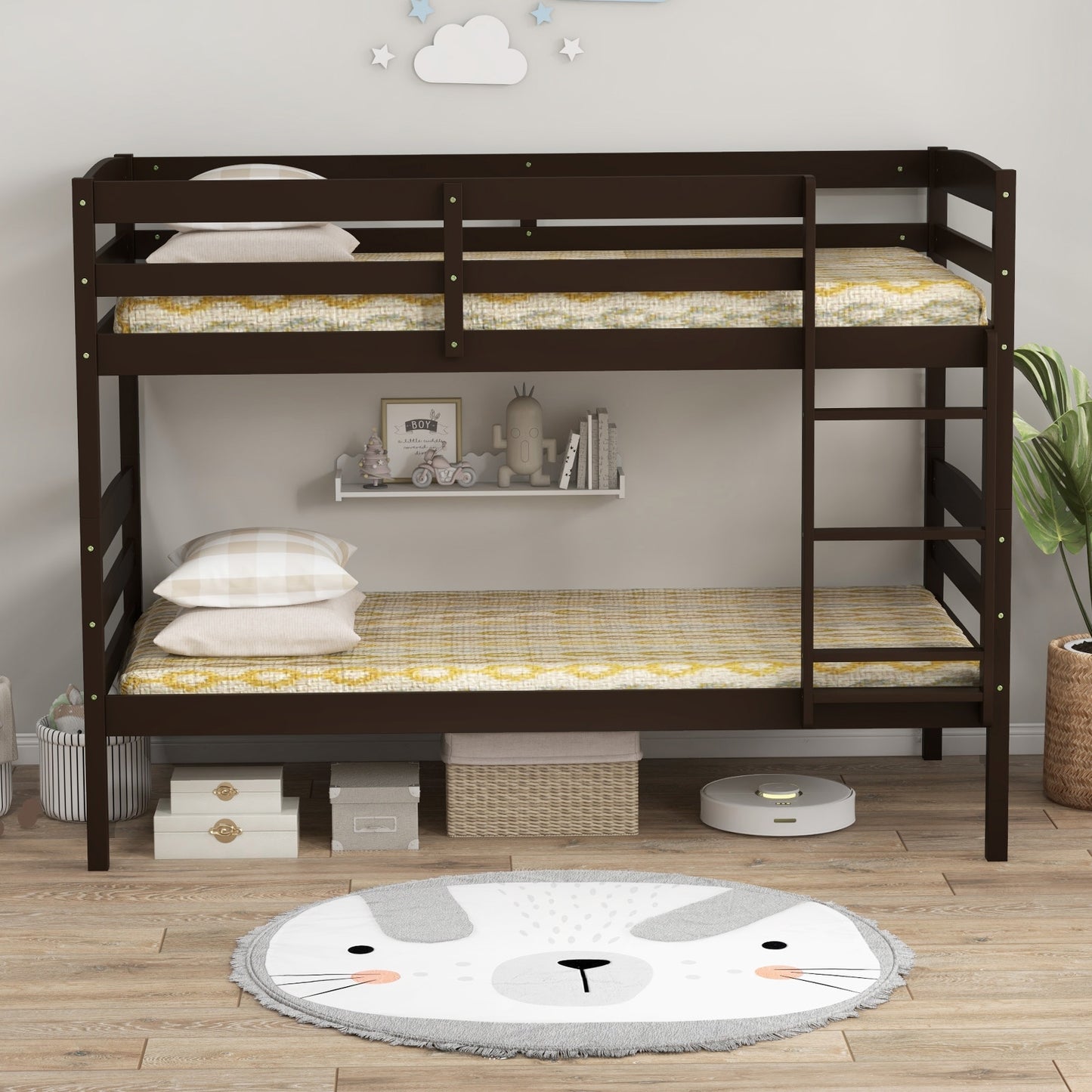 Durable Solid Wood Twin Over Twin Bunk Bed with High Guardrails & Ladder - Espresso