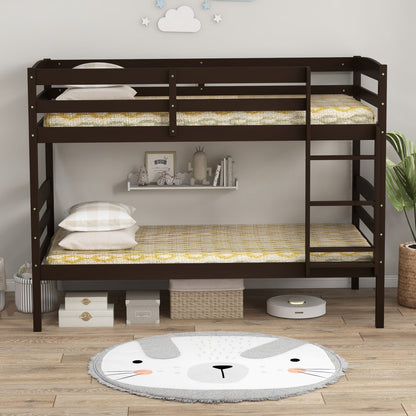 Durable Solid Wood Twin Over Twin Bunk Bed with High Guardrails & Ladder - Espresso