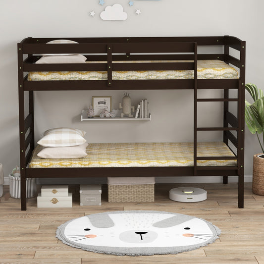 Durable Solid Wood Twin Over Twin Bunk Bed with High Guardrails & Ladder - Espresso