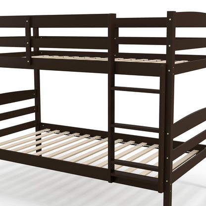 Durable Solid Wood Twin Over Twin Bunk Bed with High Guardrails & Ladder - Espresso