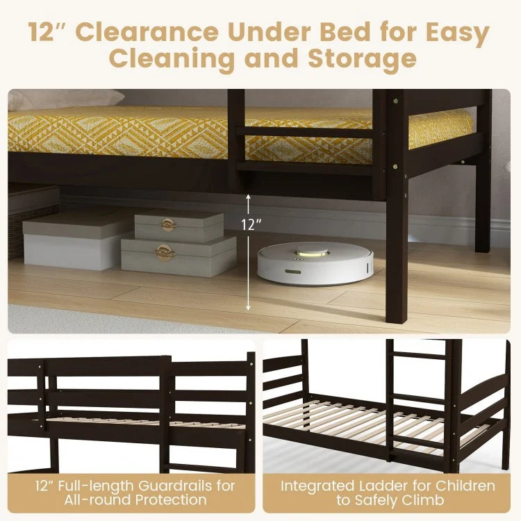 Durable Solid Wood Twin Over Twin Bunk Bed with High Guardrails & Ladder - Espresso
