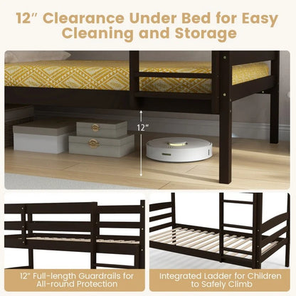 Durable Solid Wood Twin Over Twin Bunk Bed with High Guardrails & Ladder - Espresso