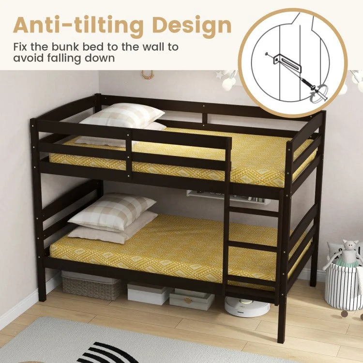 Durable Solid Wood Twin Over Twin Bunk Bed with High Guardrails & Ladder - Espresso