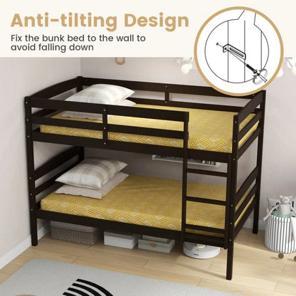 Durable Solid Wood Twin Over Twin Bunk Bed with High Guardrails & Ladder - Espresso