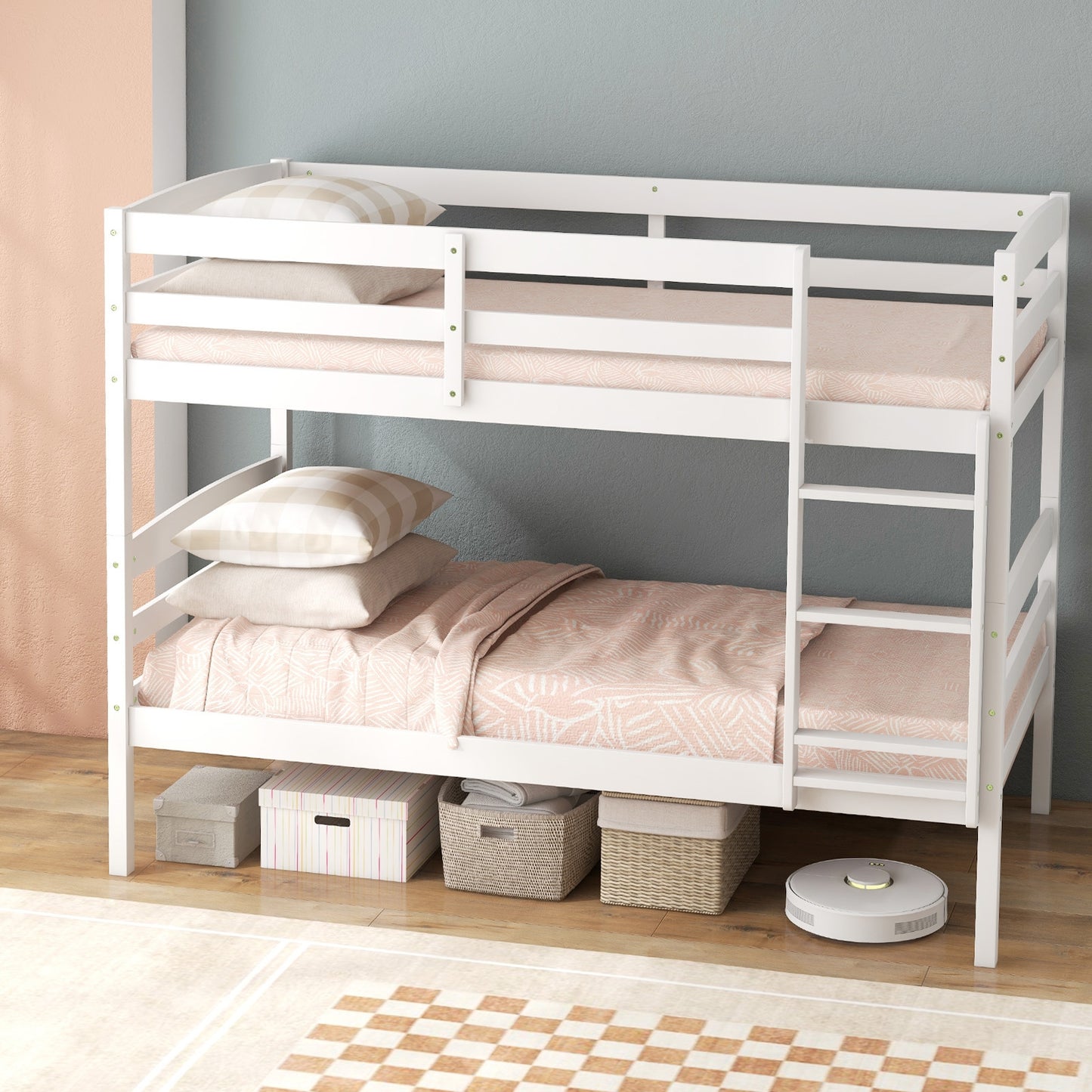 Durable Solid Wood Twin Over Twin Bunk Bed with High Guardrails & Ladder - White
