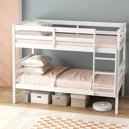 Durable Solid Wood Twin Over Twin Bunk Bed with High Guardrails & Ladder - White