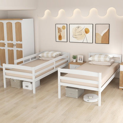 Durable Solid Wood Twin Over Twin Bunk Bed with High Guardrails & Ladder - White
