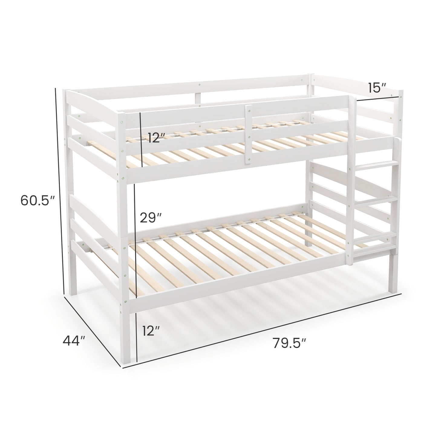 Durable Solid Wood Twin Over Twin Bunk Bed with High Guardrails & Ladder - White