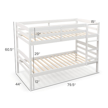 Durable Solid Wood Twin Over Twin Bunk Bed with High Guardrails & Ladder - White