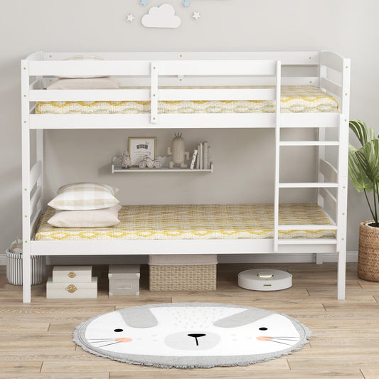 Durable Solid Wood Twin Over Twin Bunk Bed with High Guardrails & Ladder - White