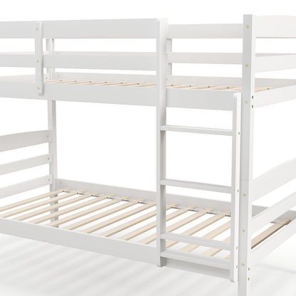 Durable Solid Wood Twin Over Twin Bunk Bed with High Guardrails & Ladder - White