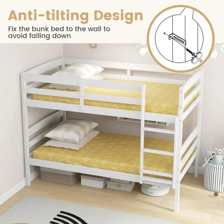 Durable Solid Wood Twin Over Twin Bunk Bed with High Guardrails & Ladder - White