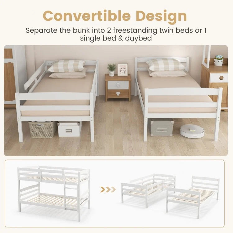 Durable Solid Wood Twin Over Twin Bunk Bed with High Guardrails & Ladder - White