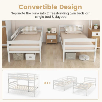 Durable Solid Wood Twin Over Twin Bunk Bed with High Guardrails & Ladder - White