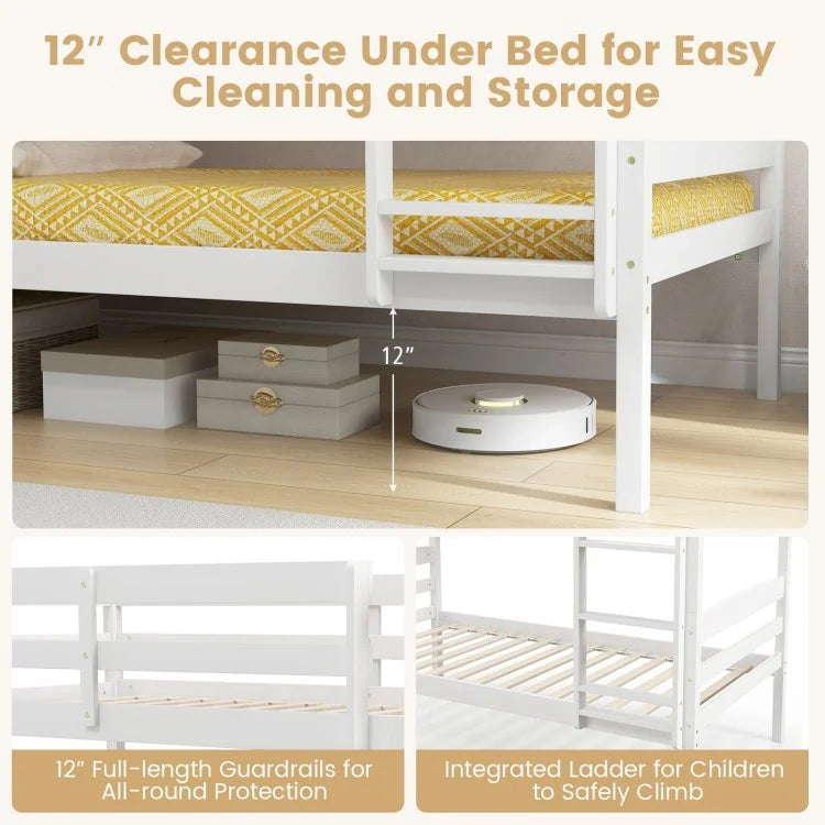 Durable Solid Wood Twin Over Twin Bunk Bed with High Guardrails & Ladder - White