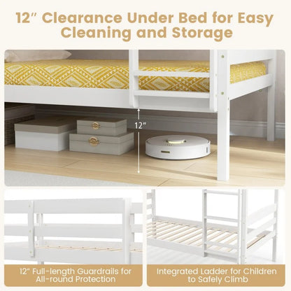 Durable Solid Wood Twin Over Twin Bunk Bed with High Guardrails & Ladder - White