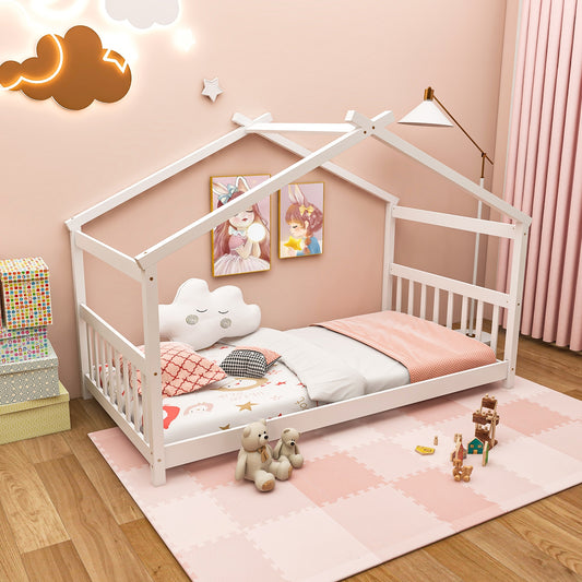 Twin Size Wooden House Bed with Roof and Playful Design for Kids – White