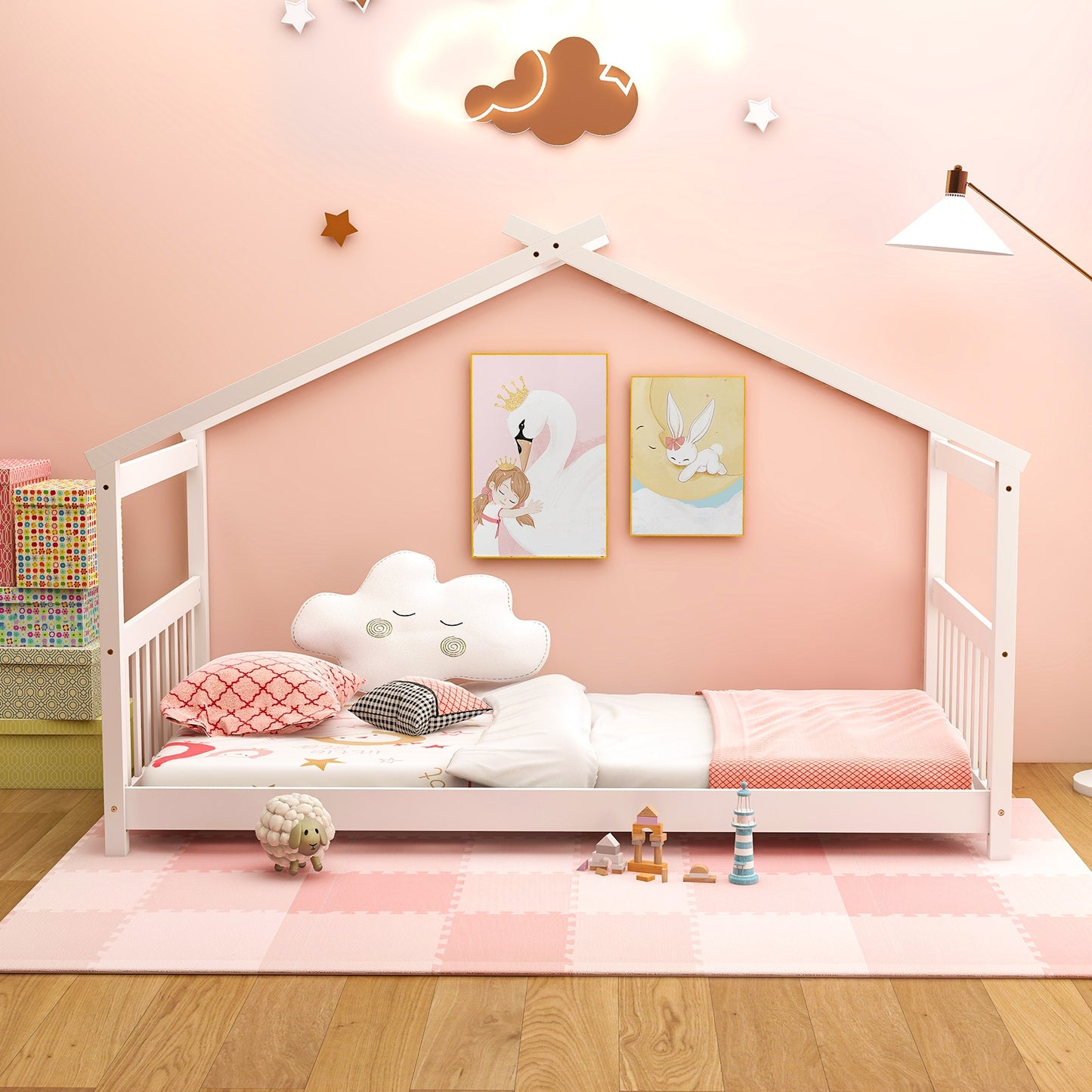 Twin Size Wooden House Bed with Roof and Playful Design for Kids – White