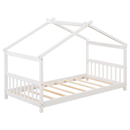 Twin Size Wooden House Bed with Roof and Playful Design for Kids – White