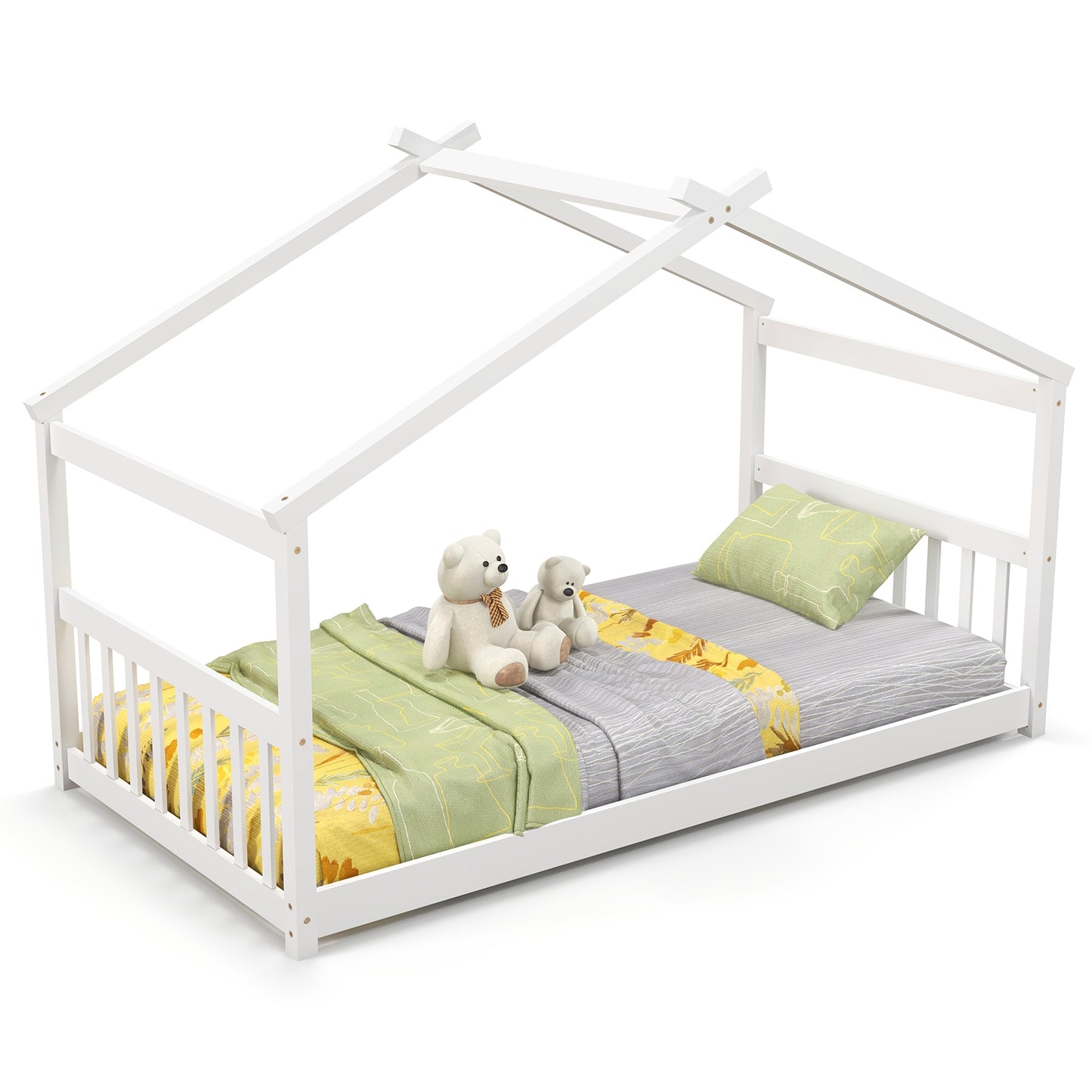 Twin Size Wooden House Bed with Roof and Playful Design for Kids – White