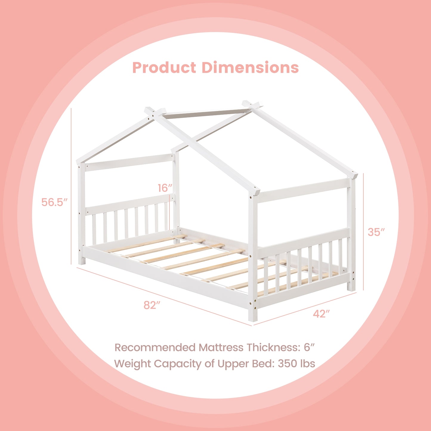 Twin Size Wooden House Bed with Roof and Playful Design for Kids – White