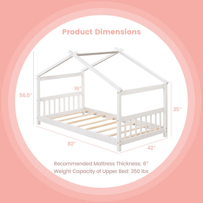 Twin Size Wooden House Bed with Roof and Playful Design for Kids – White